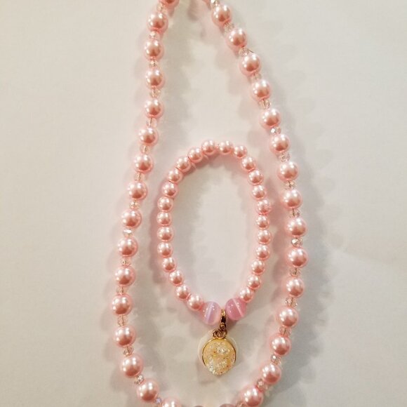 Hand Crafted Necklace & Bracelet Pink Pearl Crystals Cats Eye with Pendant - Picture 2 of 9